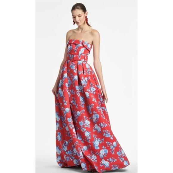 SACHIN + BABI Dress Size 12 Evening Gown Brielle Red Blue Floral Strapless - Picture 1 of 11